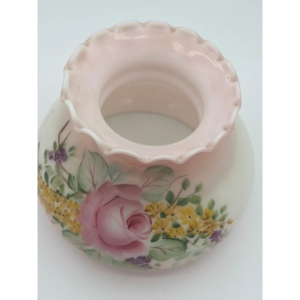 Vintage Pink Satin Glass Gone With The Wind Lamp Shade Hand Painted Rose Ruffled